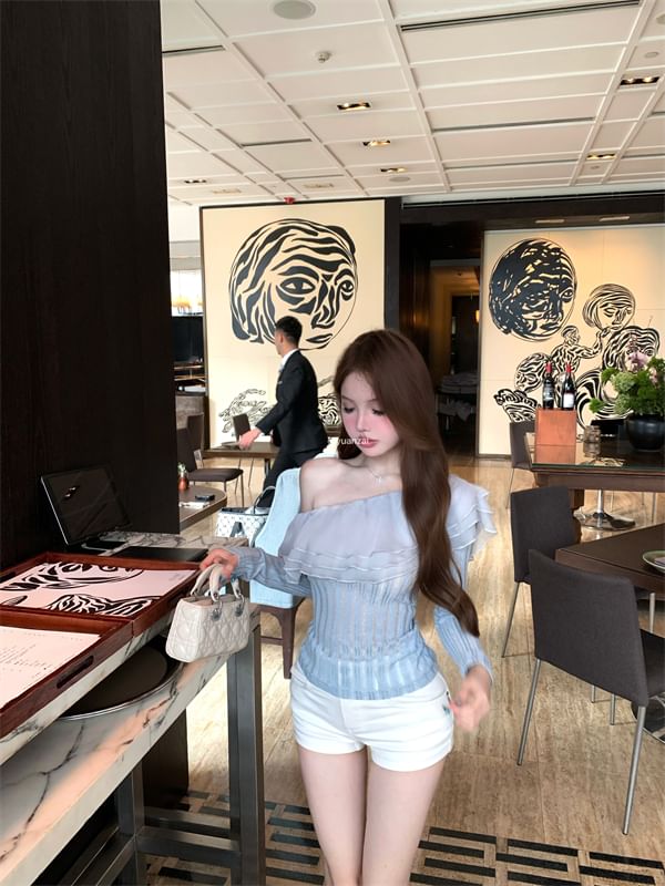 Trim Shoulder Long-Sleeve One Plain Glitter Crop Top Ruffle