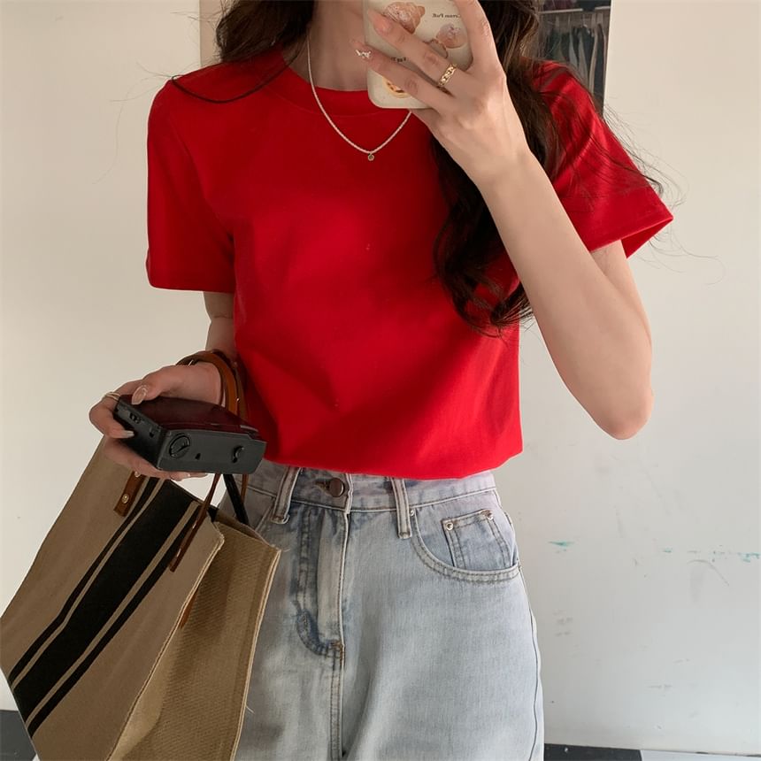 Short-Sleeve Plain T-Shirt Crop Crewneck