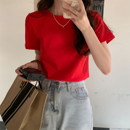 Short-Sleeve Plain T-Shirt Crop Crewneck