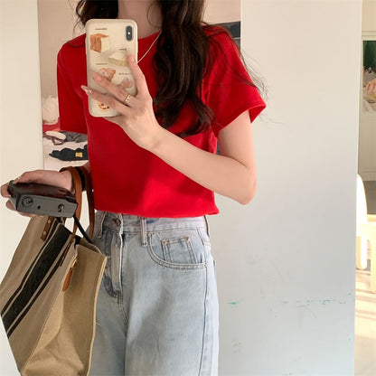 Short-Sleeve Plain T-Shirt Crop Crewneck