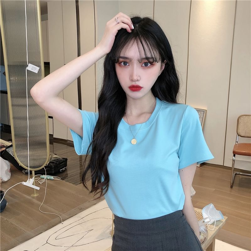 Short-Sleeve Plain T-Shirt Crop Crewneck