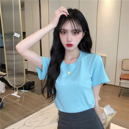 Short-Sleeve Plain T-Shirt Crop Crewneck