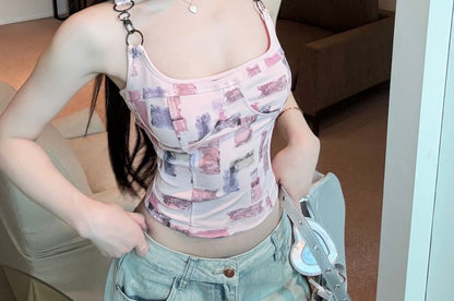 Patterned Top Print Tank Square Buckle Neck