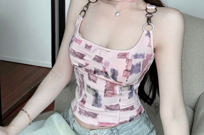 Patterned Top Print Tank Square Buckle Neck