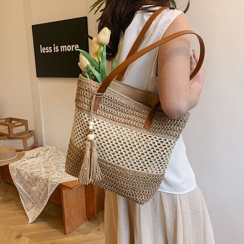 Tassel Bag Woven Tote Two-Tone