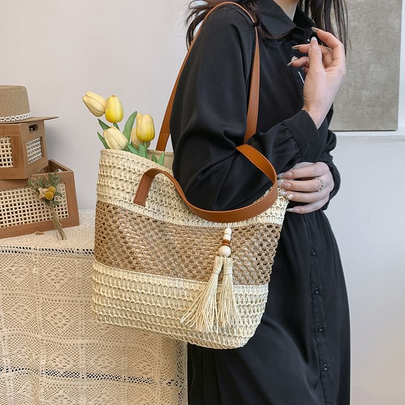 Tassel Bag Woven Tote Two-Tone