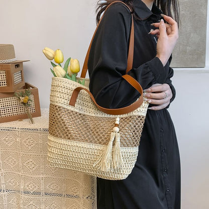 Tassel Bag Woven Tote Two-Tone