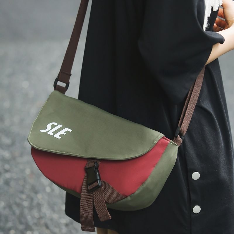Lettering Bag Flap Two-Tone Buckled Crossbody