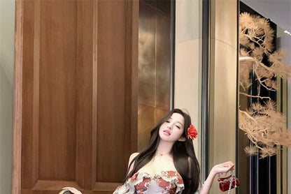 Print Designs) Dress (Various Shoulder Off Flower Bodycon