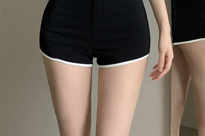 High Trim Contrast T-Shirt Crop Hot Neck Waist Short-Sleeve Plain / Pants Scoop