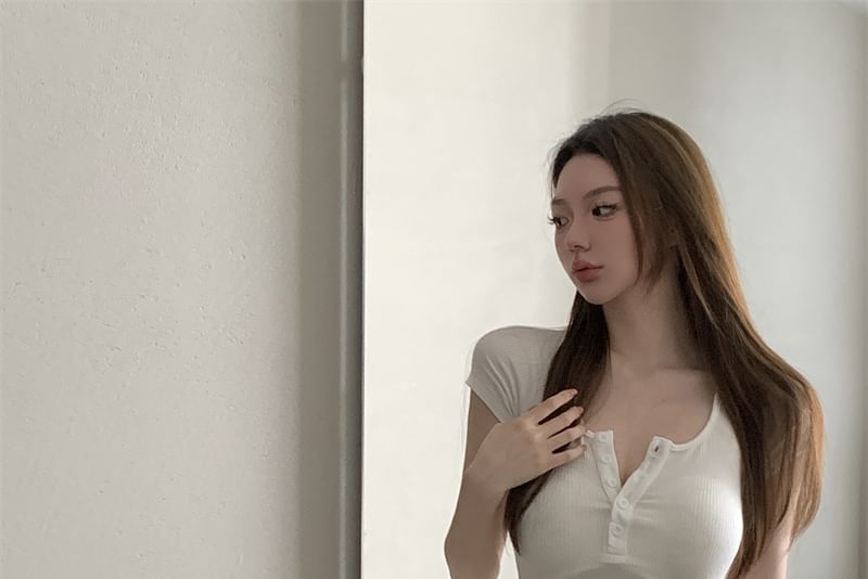 High Trim Contrast T-Shirt Crop Hot Neck Waist Short-Sleeve Plain / Pants Scoop