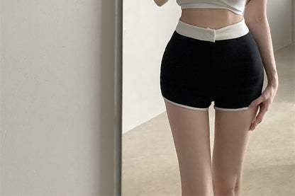 High Trim Contrast T-Shirt Crop Hot Neck Waist Short-Sleeve Plain / Pants Scoop