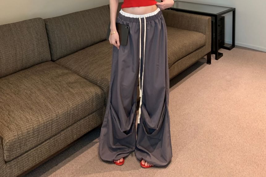 Print Leg Crop Contrast Drawstring Top Camisole Waist Wide Lettering / Pants Trim