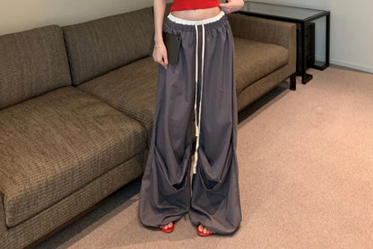 Print Leg Crop Contrast Drawstring Top Camisole Waist Wide Lettering / Pants Trim