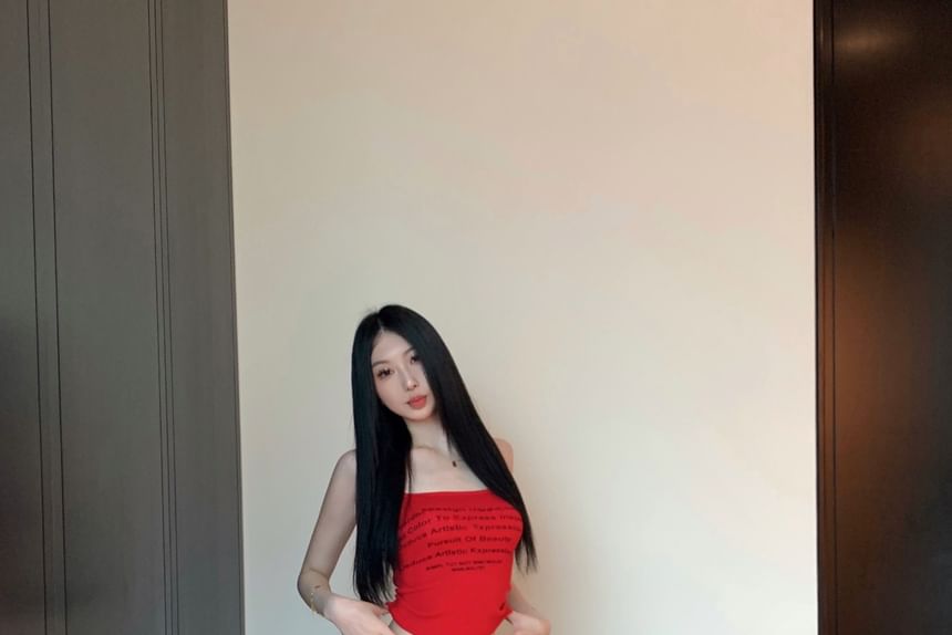 Print Leg Crop Contrast Drawstring Top Camisole Waist Wide Lettering / Pants Trim