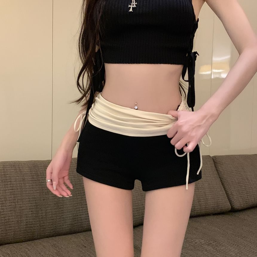 Two Tone High Waist Ruched Hot Pants Drawstring