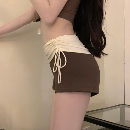 Two Tone High Waist Ruched Hot Pants Drawstring