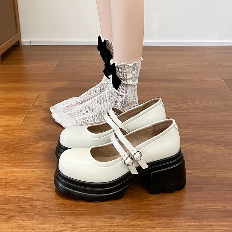 Buckled Mary Jane Genuine Double Leather Strap Platform Shoes Heart