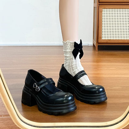 Buckled Mary Jane Genuine Double Leather Strap Platform Shoes Heart