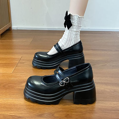 Buckled Mary Jane Genuine Double Leather Strap Platform Shoes Heart