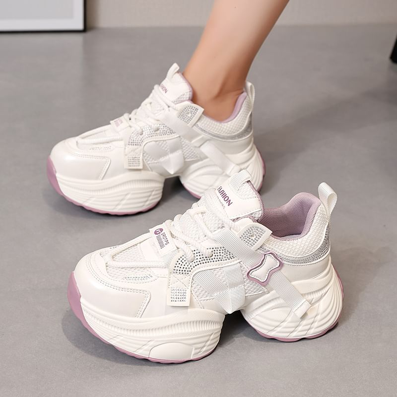 Panel Platform Rhinestone Mesh Faux Lace-Up Leather Sneakers