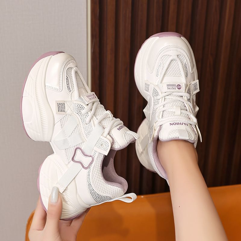 Panel Platform Rhinestone Mesh Faux Lace-Up Leather Sneakers