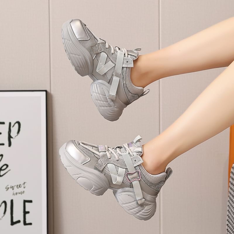 Panel Platform Rhinestone Mesh Faux Lace-Up Leather Sneakers