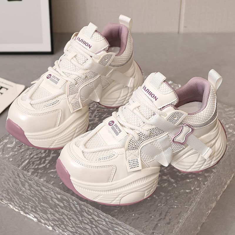 Panel Platform Rhinestone Mesh Faux Lace-Up Leather Sneakers