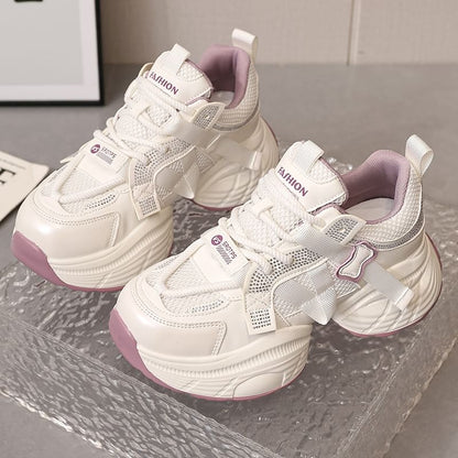 Panel Platform Rhinestone Mesh Faux Lace-Up Leather Sneakers