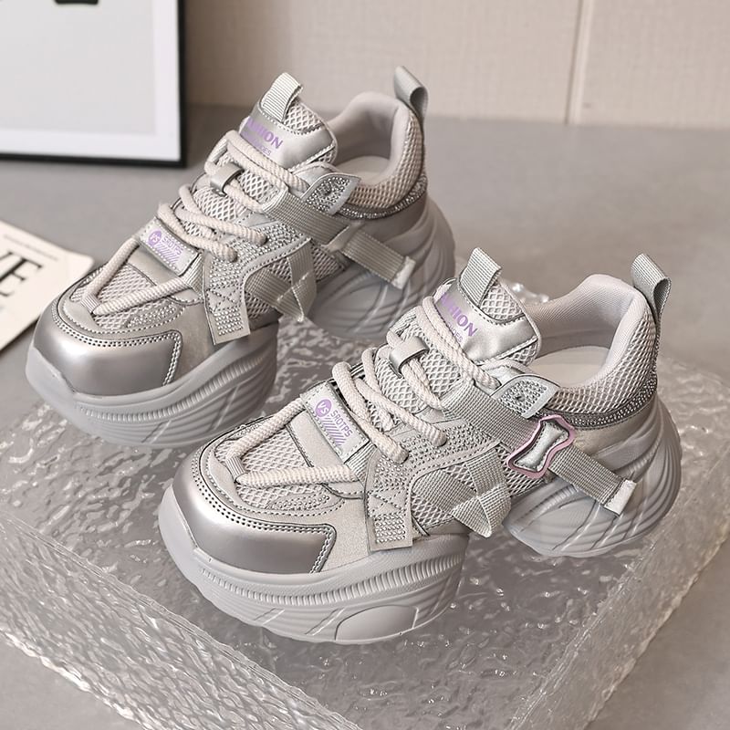 Panel Platform Rhinestone Mesh Faux Lace-Up Leather Sneakers