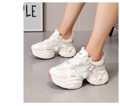 Panel Platform Rhinestone Mesh Faux Lace-Up Leather Sneakers