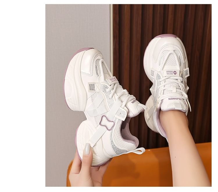 Panel Platform Rhinestone Mesh Faux Lace-Up Leather Sneakers
