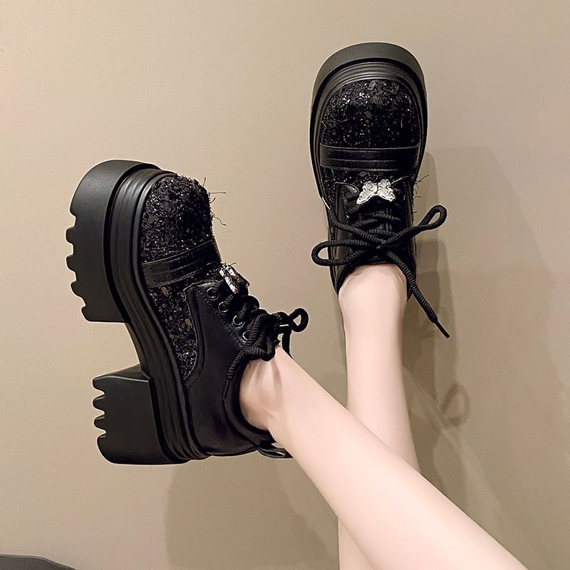 Panel Leather Platform Tweed Lace-Up Brogue Faux Shoes