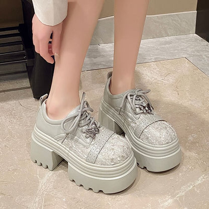 Panel Leather Platform Tweed Lace-Up Brogue Faux Shoes