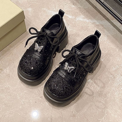 Panel Leather Platform Tweed Lace-Up Brogue Faux Shoes