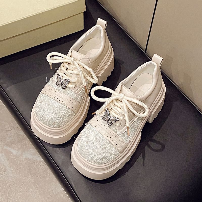 Panel Leather Platform Tweed Lace-Up Brogue Faux Shoes