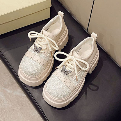 Panel Leather Platform Tweed Lace-Up Brogue Faux Shoes