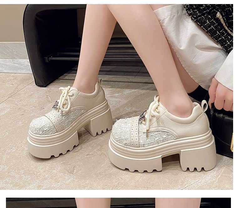 Panel Leather Platform Tweed Lace-Up Brogue Faux Shoes