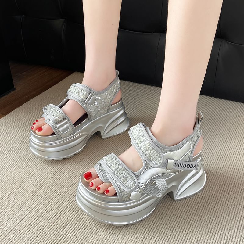 Sandals Sequin Platform Adhesive Strap Slingback