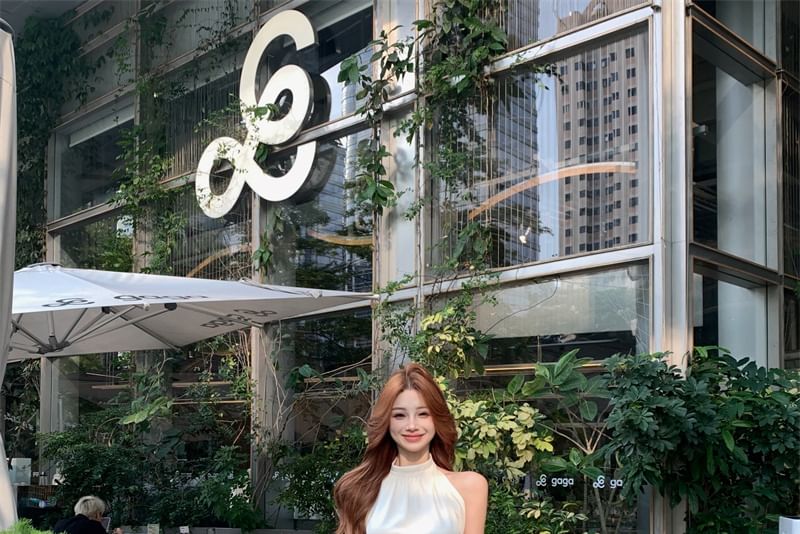 Plain Halter Pants Crop High Rise Sleeveless Neck Wide / Top Leg