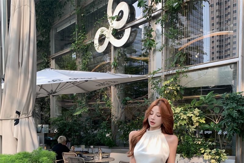 Plain Halter Pants Crop High Rise Sleeveless Neck Wide / Top Leg