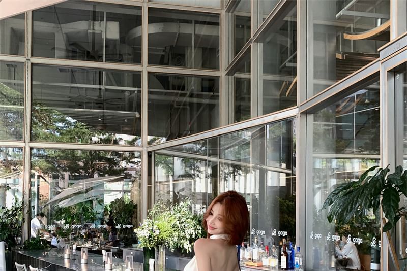 Plain Halter Pants Crop High Rise Sleeveless Neck Wide / Top Leg