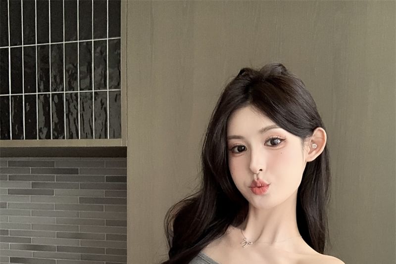 Lace Shoulder Top Panel Off Plain Long-Sleeve