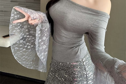 Lace Shoulder Top Panel Off Plain Long-Sleeve