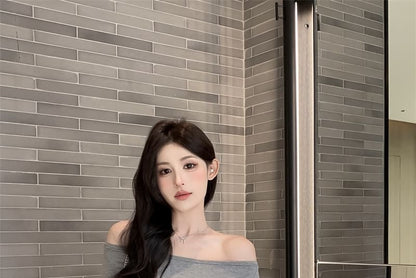 Lace Shoulder Top Panel Off Plain Long-Sleeve