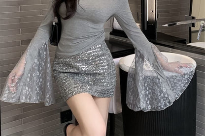 Lace Shoulder Top Panel Off Plain Long-Sleeve