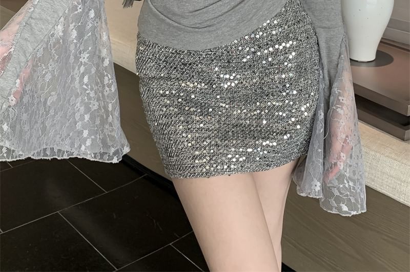 Lace Shoulder Top Panel Off Plain Long-Sleeve