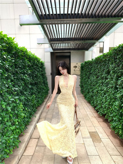 Halter Lace Mermaid V-Neck Evening Gown