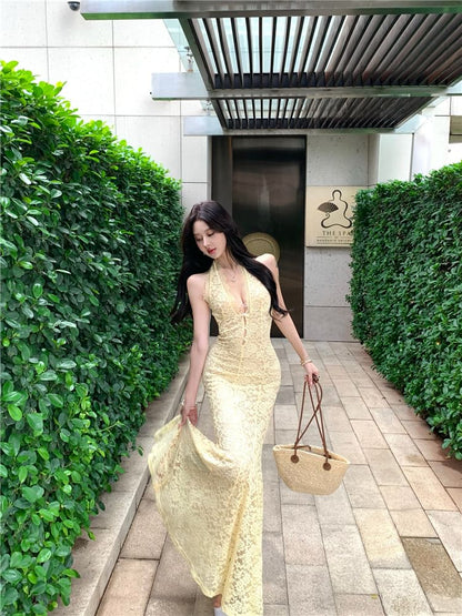 Halter Lace Mermaid V-Neck Evening Gown