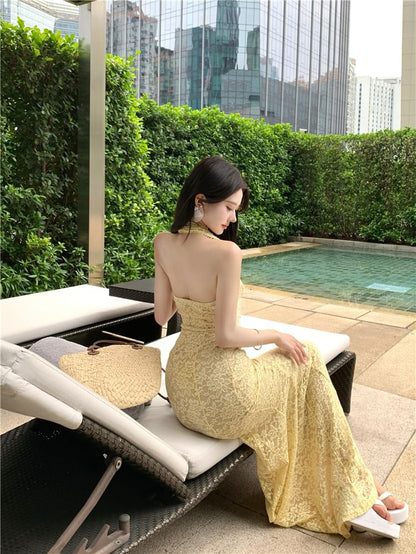 Halter Lace Mermaid V-Neck Evening Gown